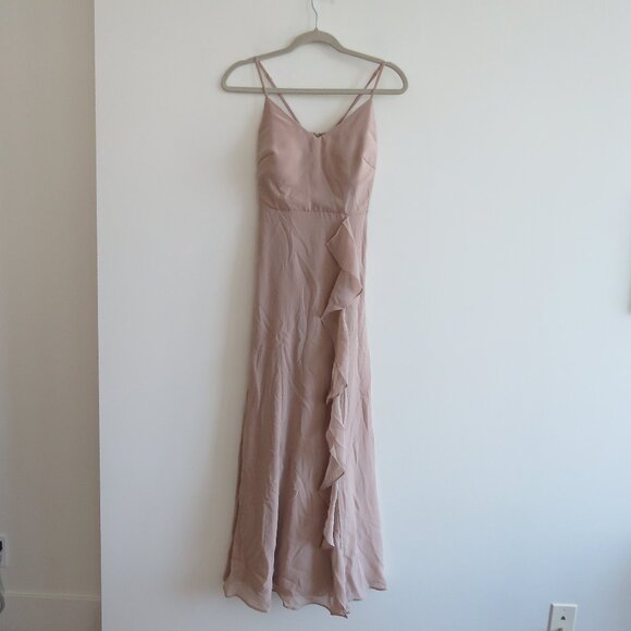 BIRDY GREY Taupe Ruffle Chiffon Maxi Bridesmaid Dress Wedding Neutral - Size XS - Picture 2 of 16